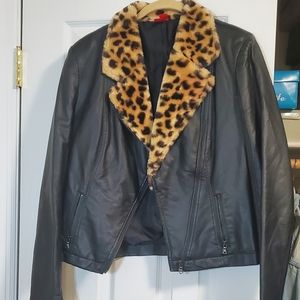 Leather jacket with leopard print